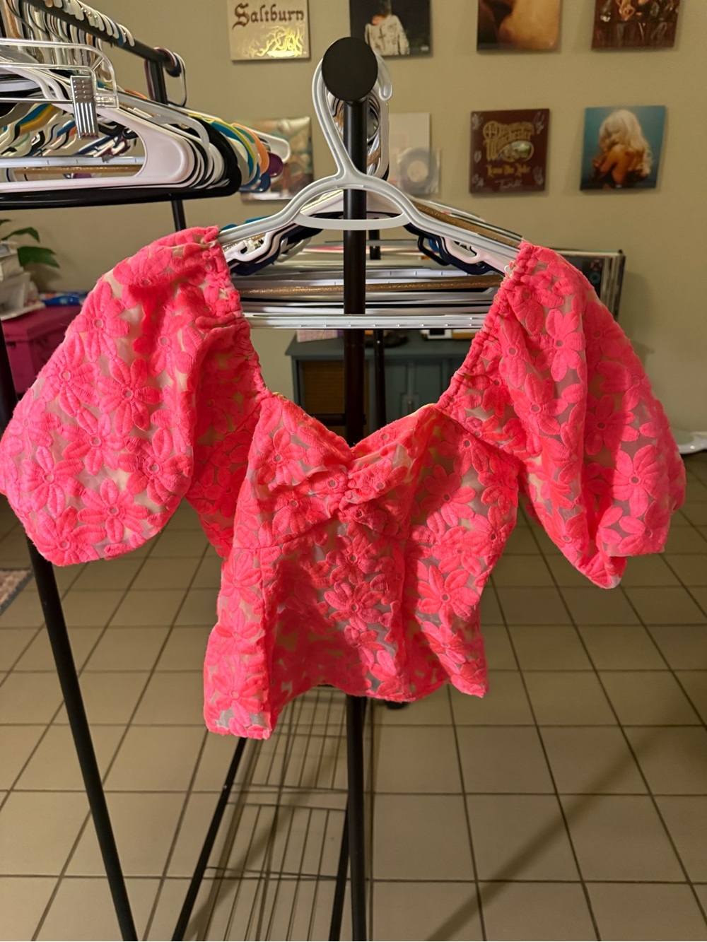 Adelyn Rae Hot Pink Floral Eyelet Puff-Sleeve Top